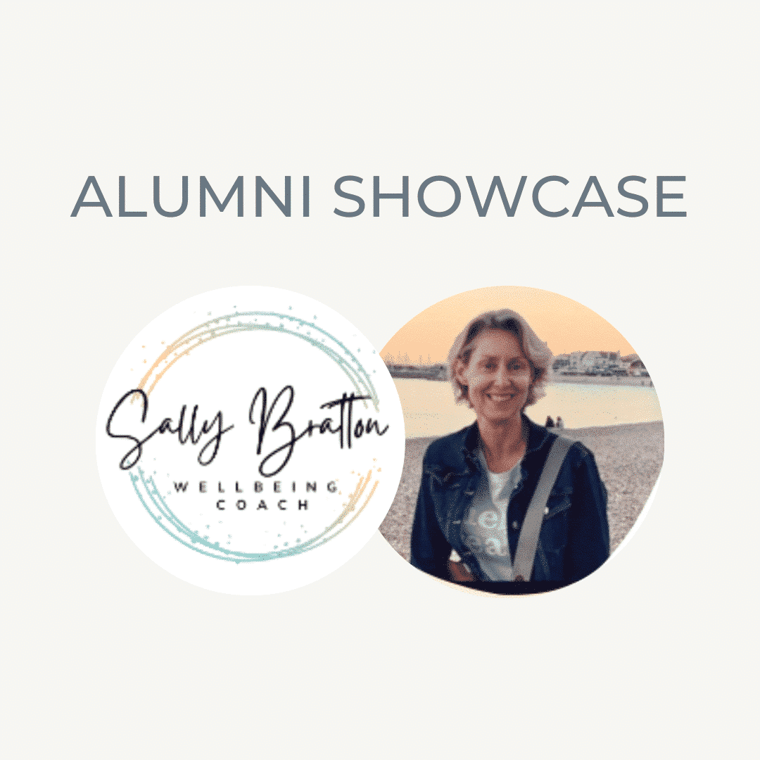 Alumni showcase featuring Sally Bratton, wellbeing coach, smiling outdoors by the water.