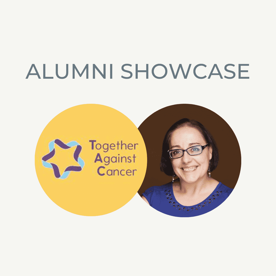 Alumni smiling woman with "Together Against Cancer" logo at Raw Horizons event.