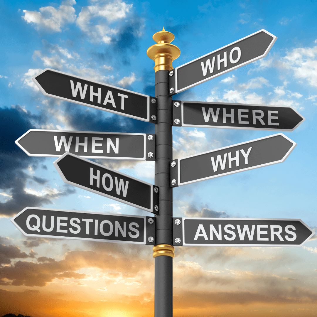 Signpost with questions like Who, What, When, Where, Why, How, Questions, Answers.