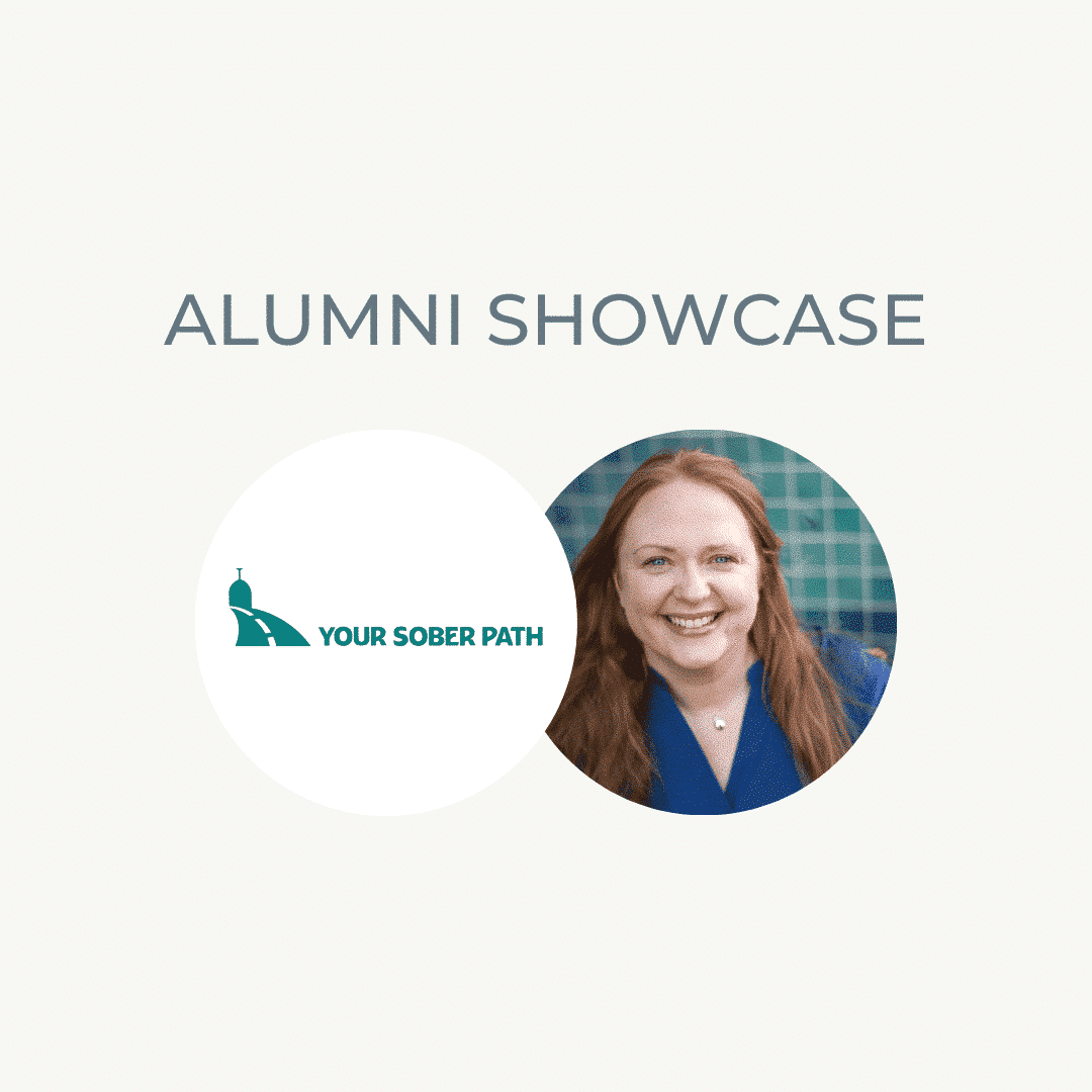 Alumni showcase featuring a smiling woman with red hair and blue blazer, promoting sober living and.